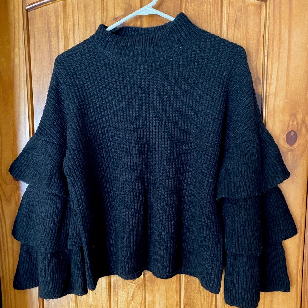 Black Sweater with Stylish Ruffle Sleeves